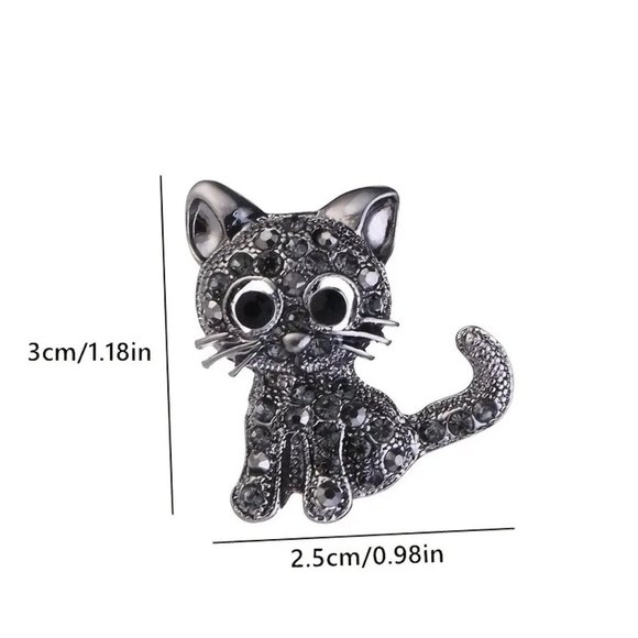 Cat Brooch Rhinestone Kitten Pin Black Silver Sparkle Scarf Hat Coat NEW GIFT - Picture 6 of 6